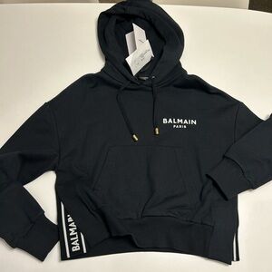 Women’s Balmain Black cropped Flocked logo hoodie cotton pullover NWT sz Small